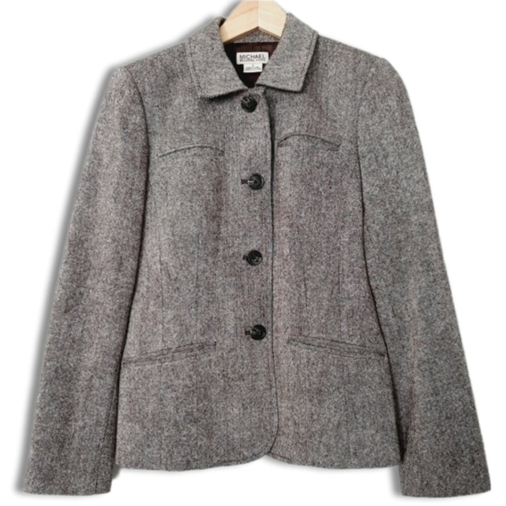 MICHAEL KORS Wool Blend Button up Blazer Jacket Tweed Style Gray Fabric Sz 4